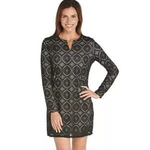 COOLIBAR Black Beige Crochet Lace Sheath V-Neck Long Sleeve Formal Dress Size S